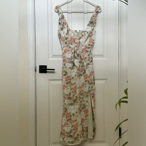 Cinched Neck Slip Midi Dress Sz. S, Light Green and Pink Floral